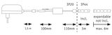 Technische tekening van een adapter met kabel en IP20/IP44-classificaties voor LED-lichtstrip.