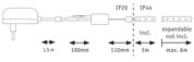 Schéma technique d'une alimentation pour bande LED avec longueurs de câble et indices de protection IP20 et IP44