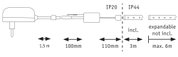 Technical drawing of LED strip power supply showing cable lengths and IP20 and IP44 protection ratings