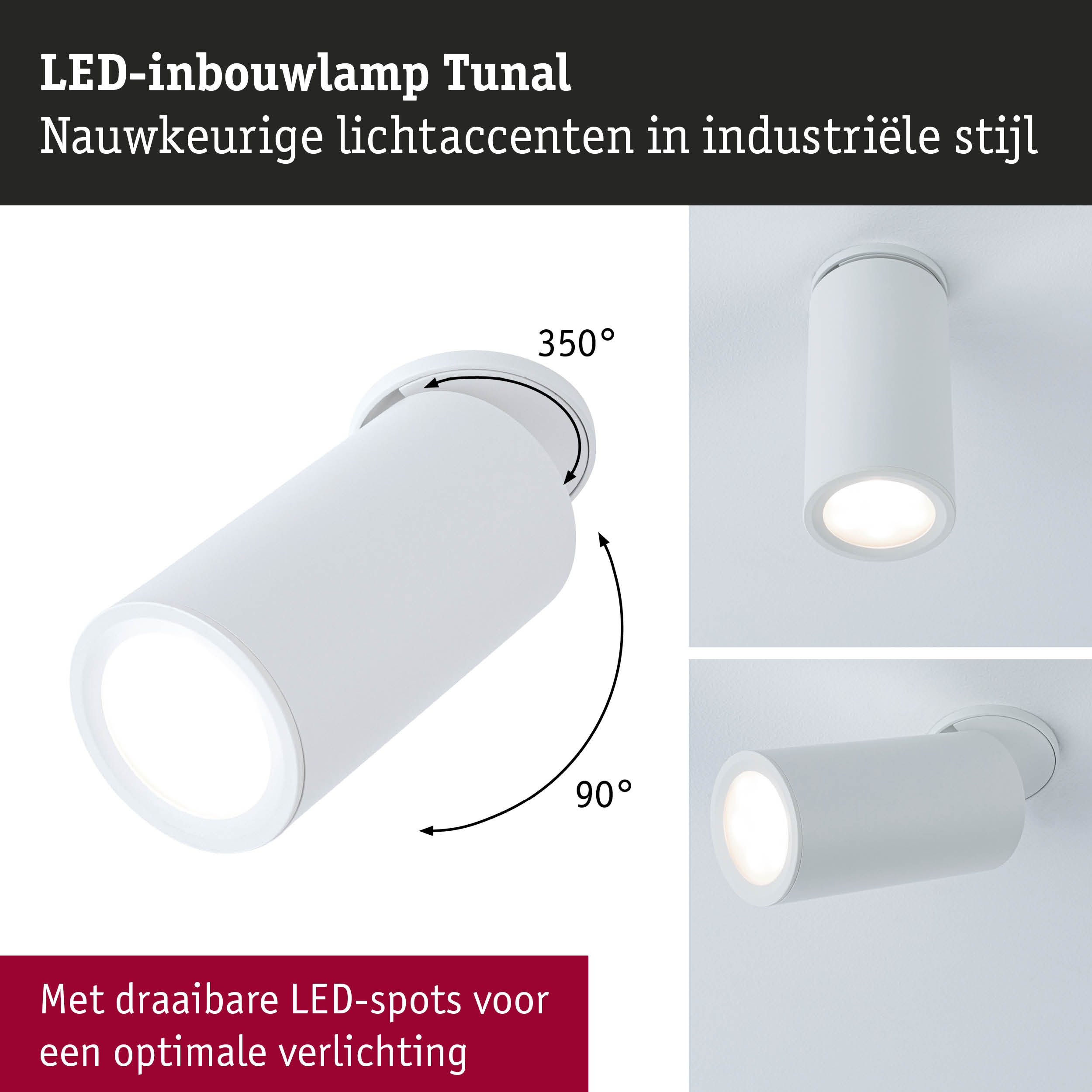 Witte LED-inbouwlamp Tunal met draaibare spots voor nauwkeurige lichtaccenten in industriële stijl