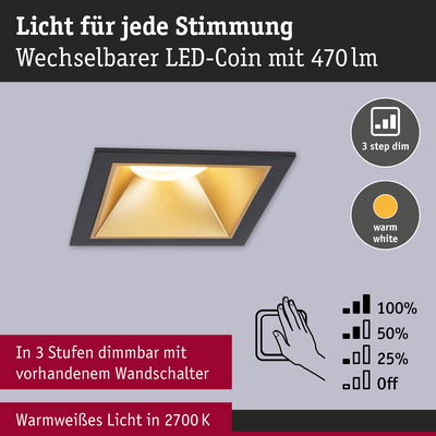 Dimmbare LED-Einbauleuchte mit warmweißem Licht 2700K und 3-Stufen-Dimmung per Wandschalter