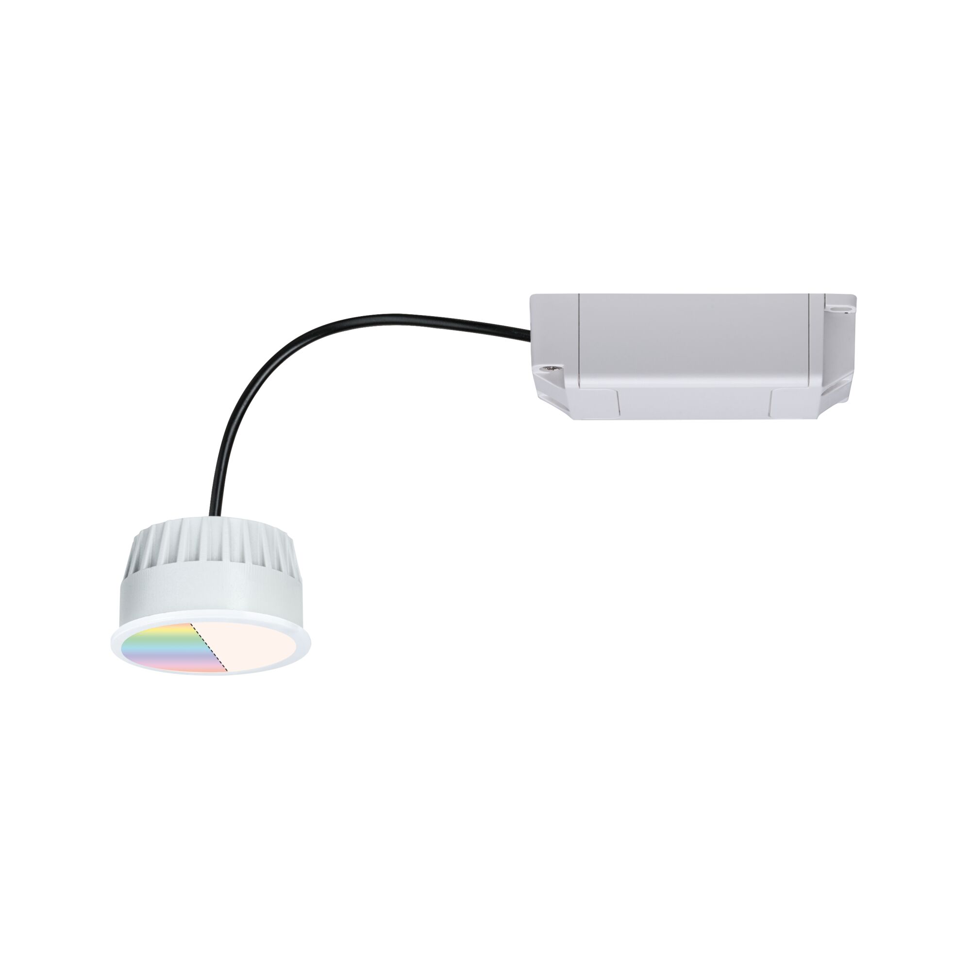 Witte LED inbouwspot met driver en zwarte kabel voor moderne binnenverlichting