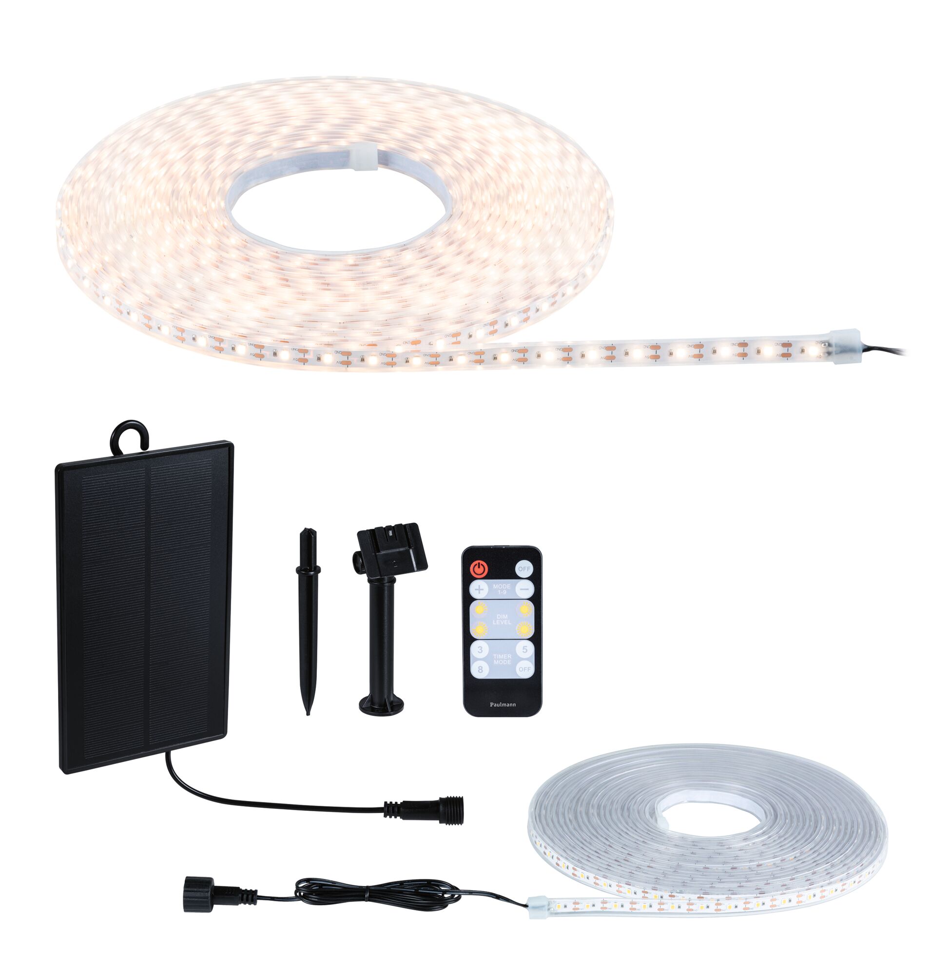LED strip light with solar panel, remote control, and accessories for flexible outdoor warm white lighting.