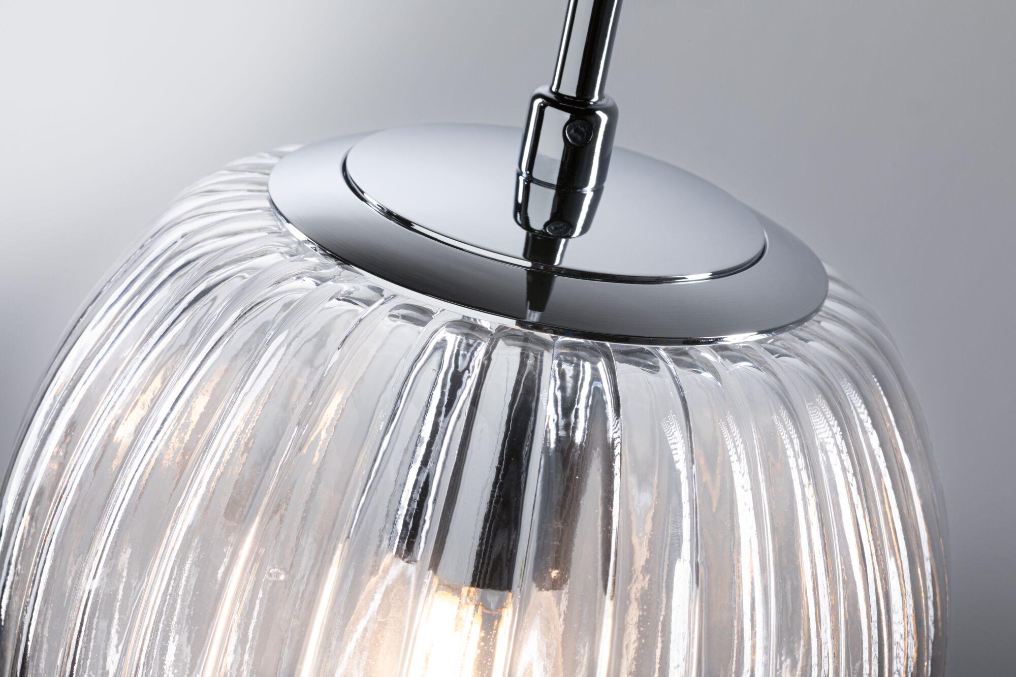 Modern pendant light with ribbed glass and chrome metal, clear design ideal for living spaces lighting.