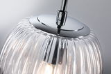 Modern pendant light with ribbed glass and chrome metal, clear design ideal for living spaces lighting.