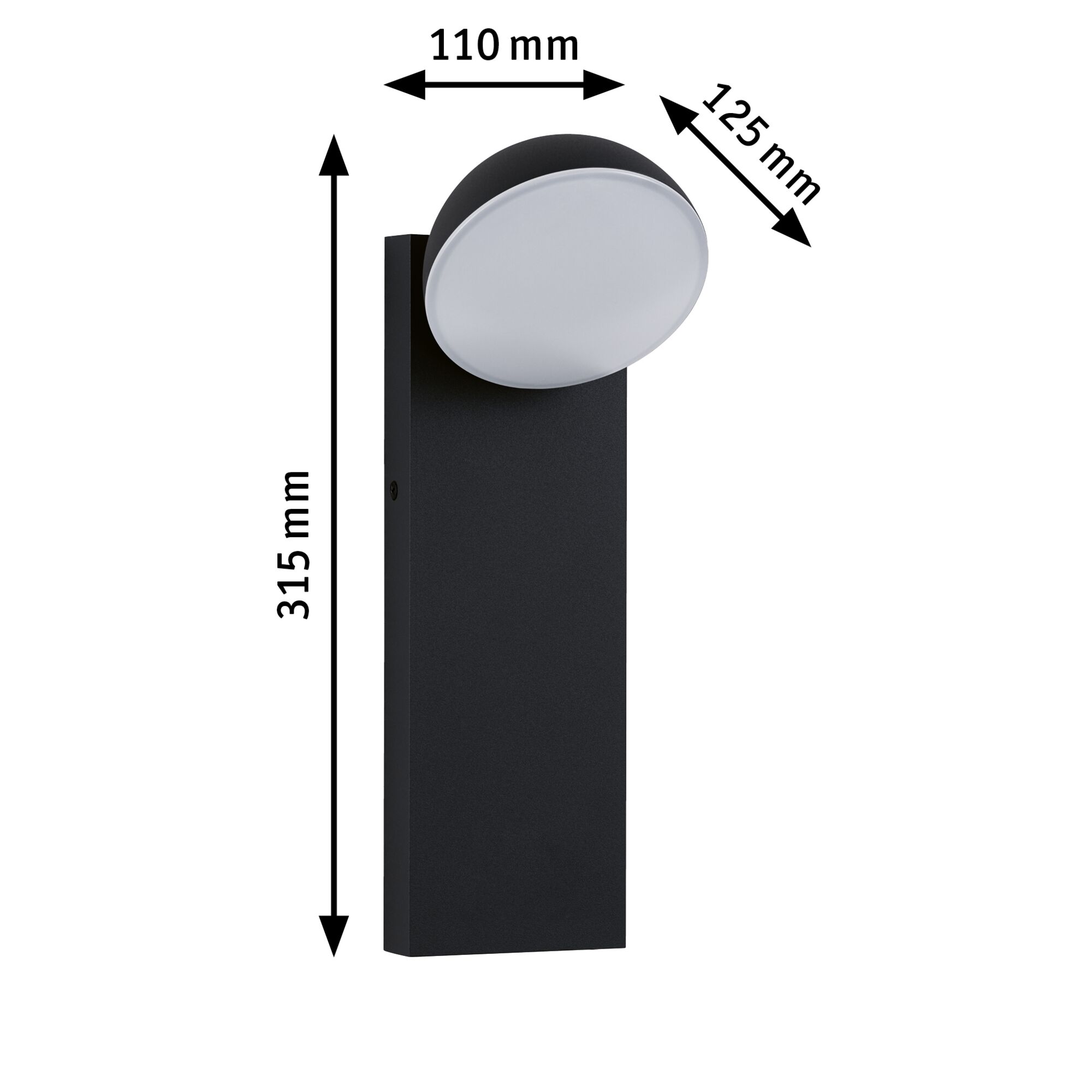 Black LED wall light with white diffuser, dimensions 315x110x125 mm, modern outdoor lighting