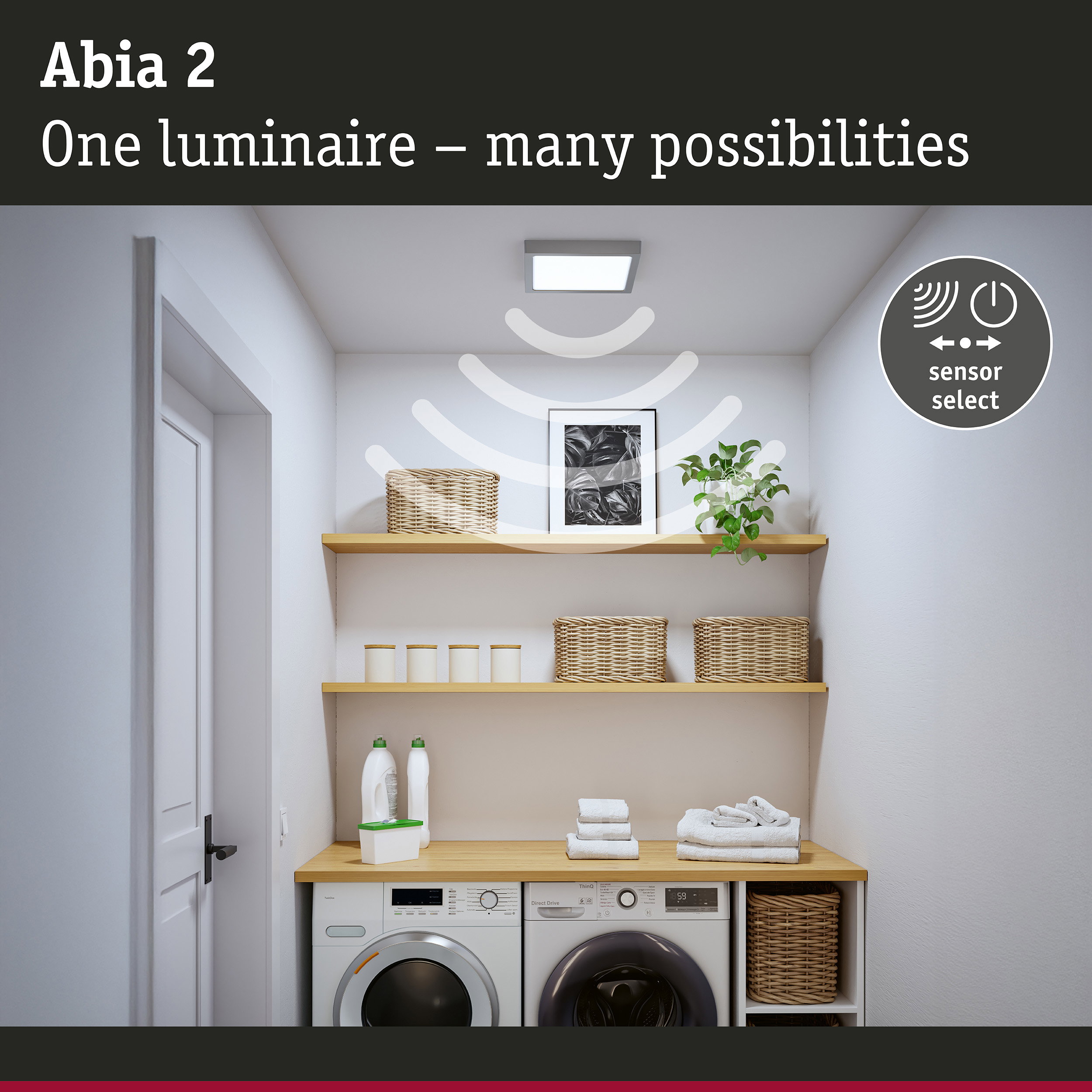 LED Panel Abia 2 White Select Twilight-controlled motion detector (HF) angular 300x300mm 14W 900lm White Select Chrome matt