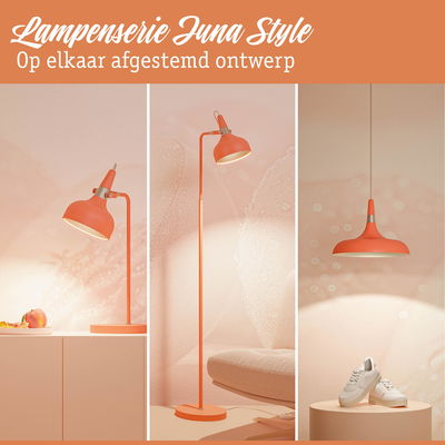 Oranje metalen tafel-, vloerlamp en hanglamp in modern bijpassend lampenserie-ontwerp voor woonruimtes