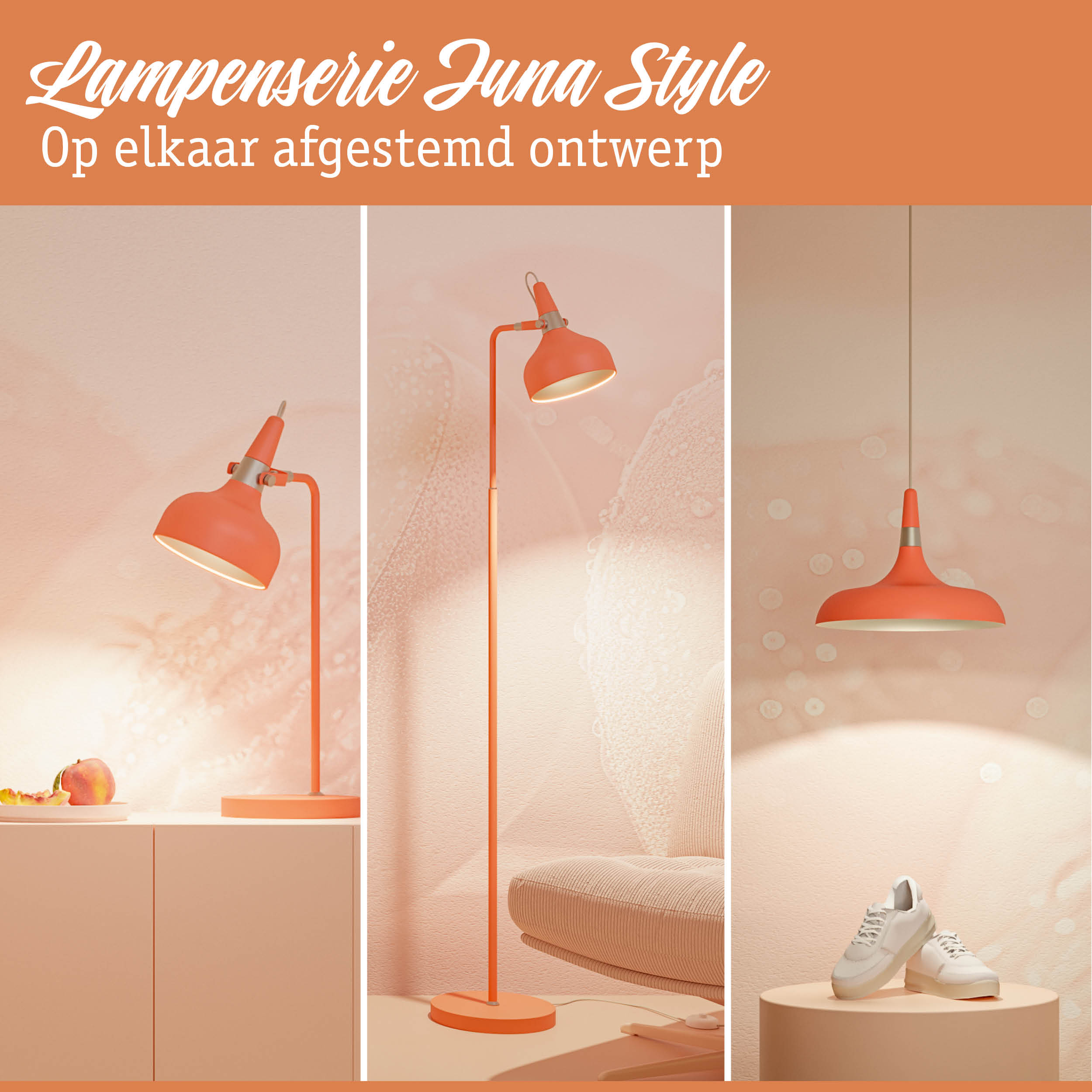 Drie oranje metalen lampen in verschillende stijlen voor moderne woonverlichting
