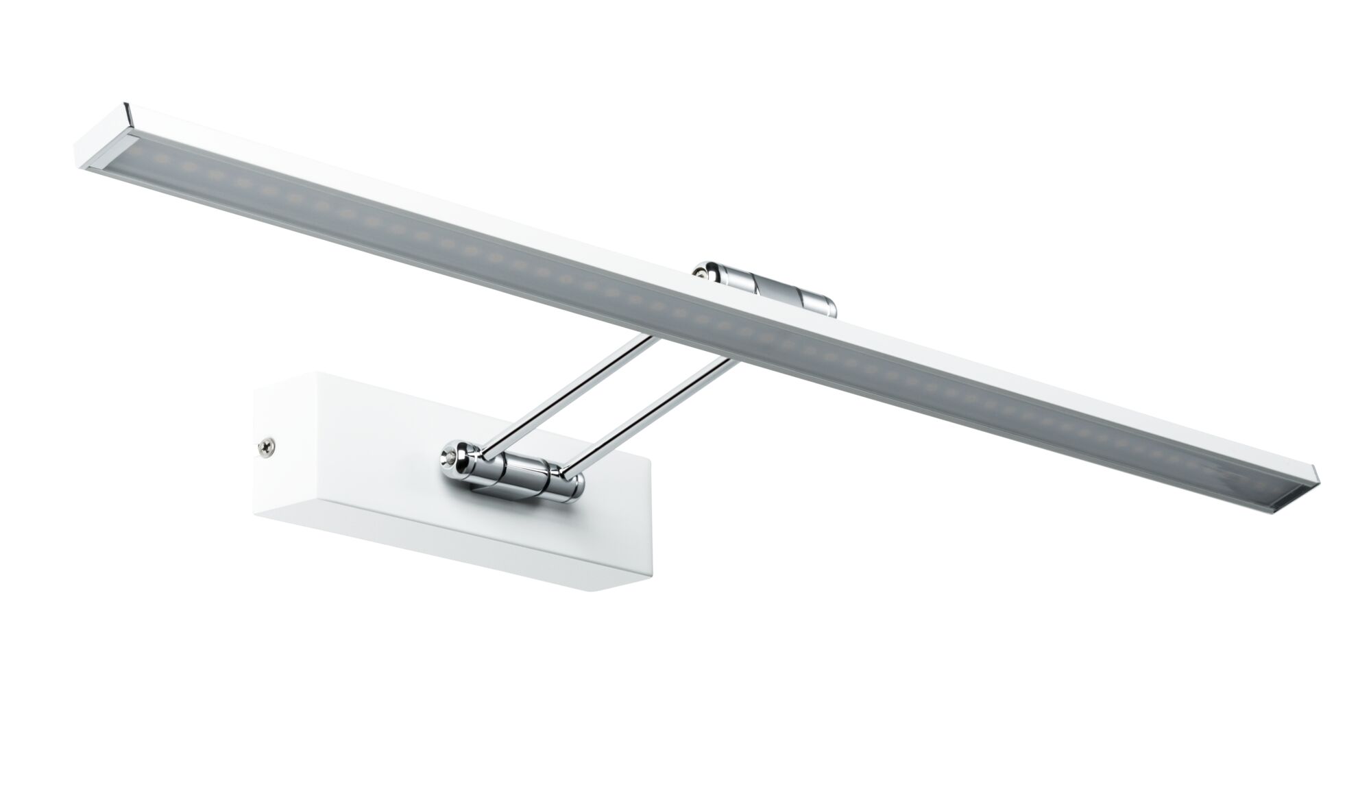 Modern white LED wall light with adjustable chrome arm for focused lighting in living spaces