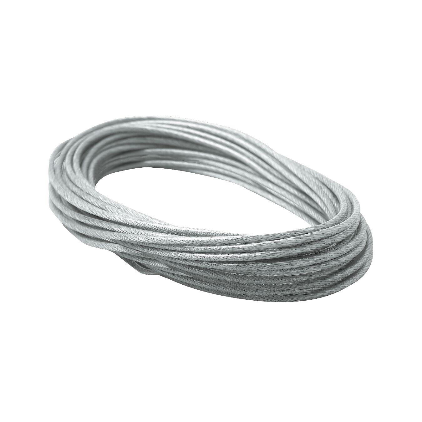 Coiled silver steel cable for lighting systems, durable material for secure installation.