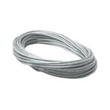 Coiled silver steel cable for lighting systems, durable material for secure installation.