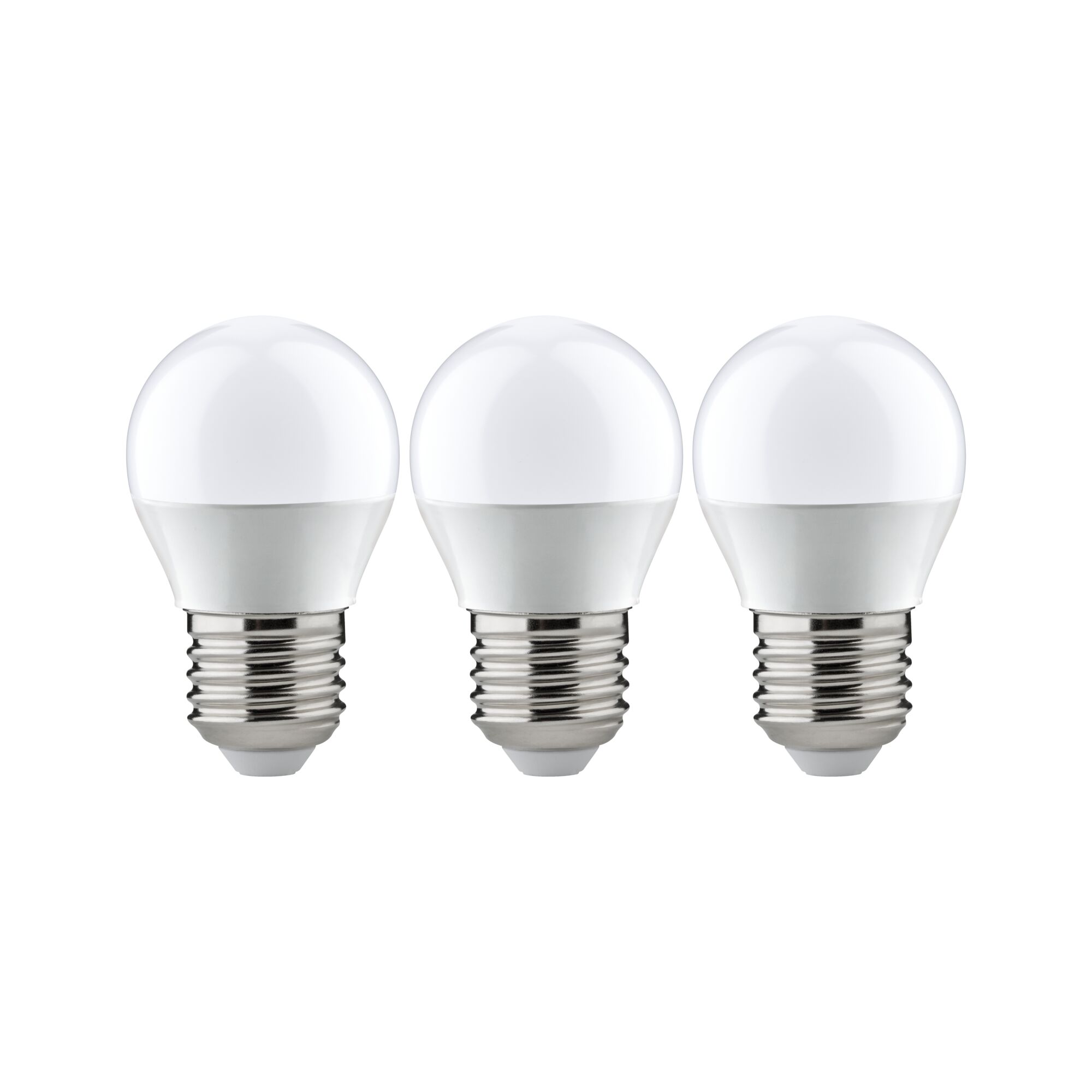 Three white LED bulbs with E27 base made of plastic and metal for energy-saving lighting