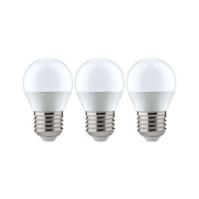 Three white LED bulbs with E27 base made of plastic and metal for energy-saving lighting