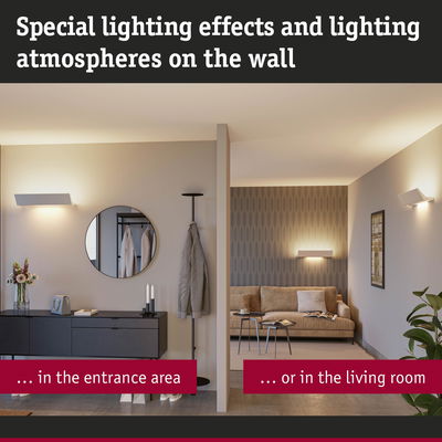 Modern white wall lights with warm glow create special lighting effects in entrance and living room.