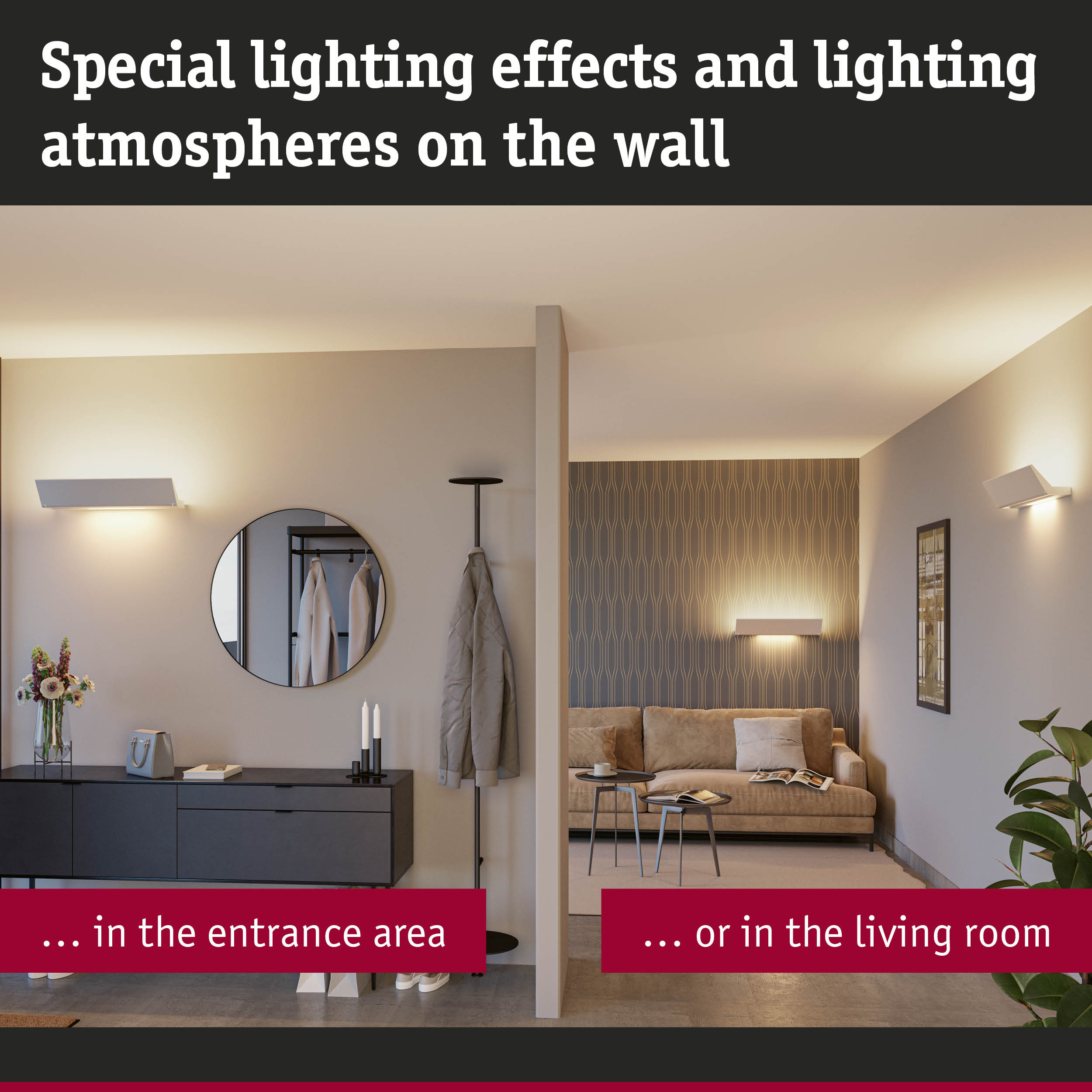 Modern white wall lights with warm glow create special lighting effects in entrance and living room