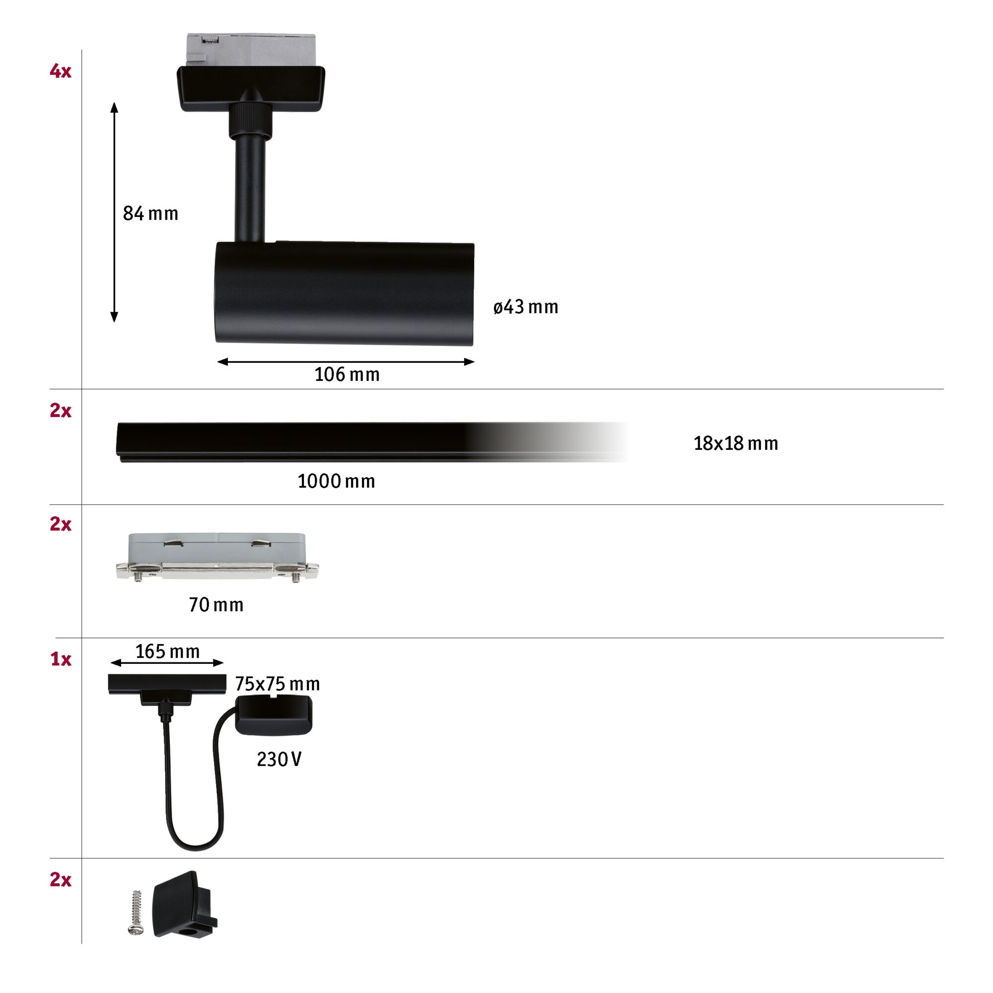 URail Schienenspot Tubo Starterset 4x250lm 4x4,5W 3000K 230V Schwarz matt