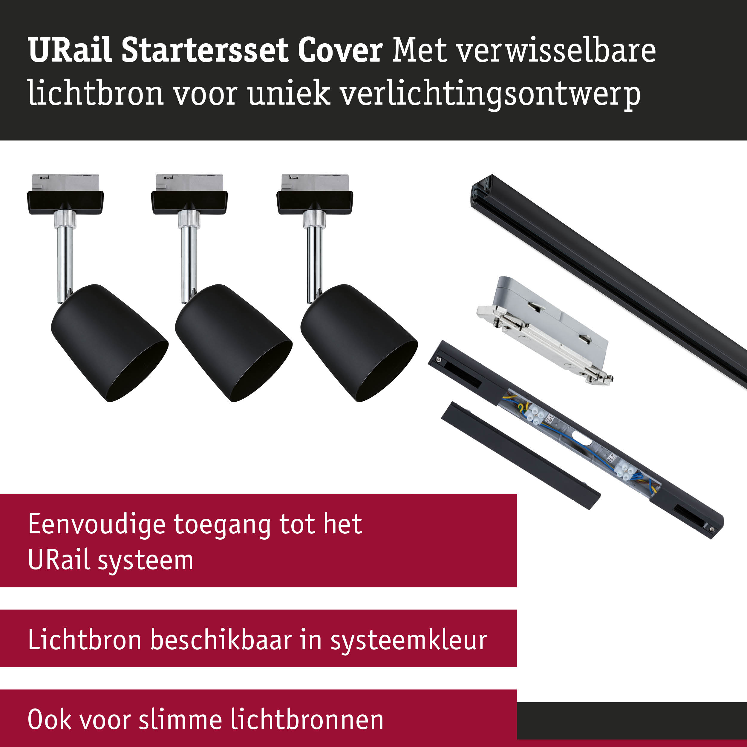 Zwart URail startersset met verwisselbare lichtbronnen en railsysteem voor flexibele verlichting