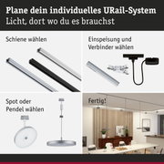 Modulares URail-Schienensystem mit schwarzen und weißen Schienen, Steckern und Pendelleuchten für flexible Beleuchtung