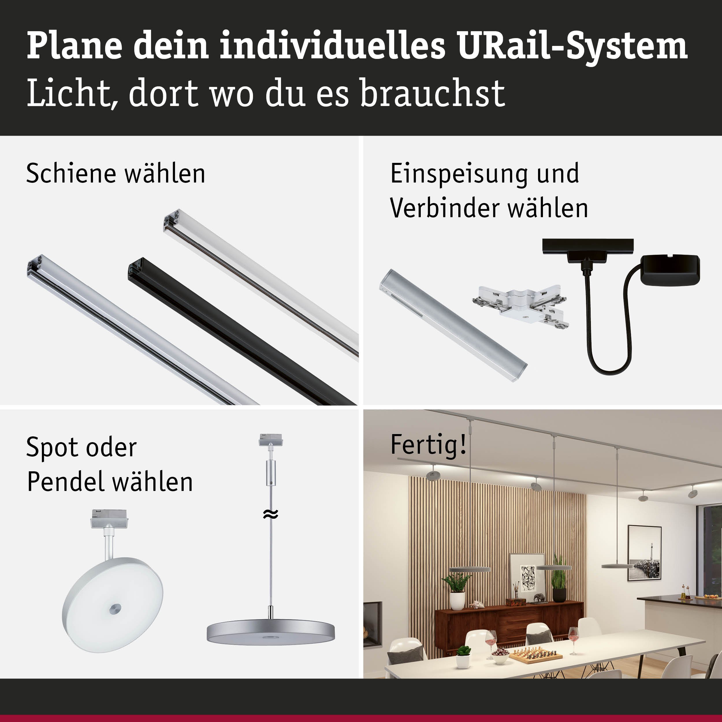 Modulares URail-Schienensystem mit schwarzen und weißen Schienen, Steckern und Pendelleuchten für flexible Beleuchtung