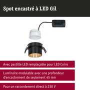 Spot encastré LED noir avec module LED blanc et câble noir pour installation au plafond