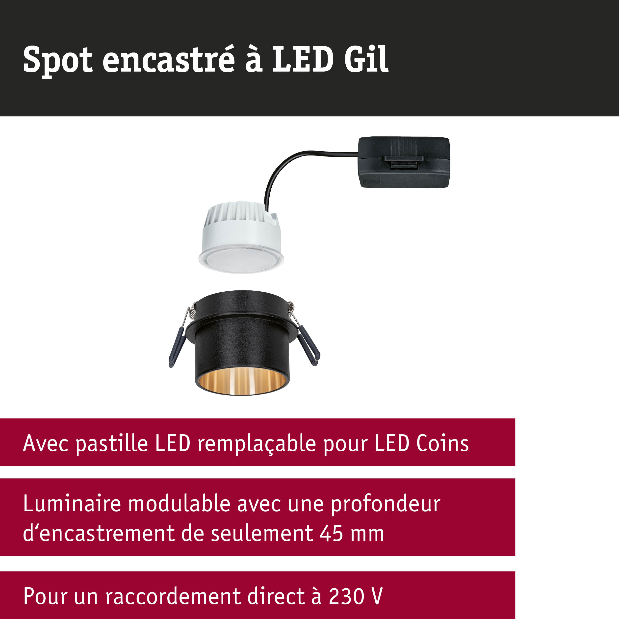 Spot encastré LED noir avec module LED blanc et câble noir pour installation au plafond