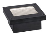 Black square metal LED recessed light housing with textured glass cover for indoor lighting