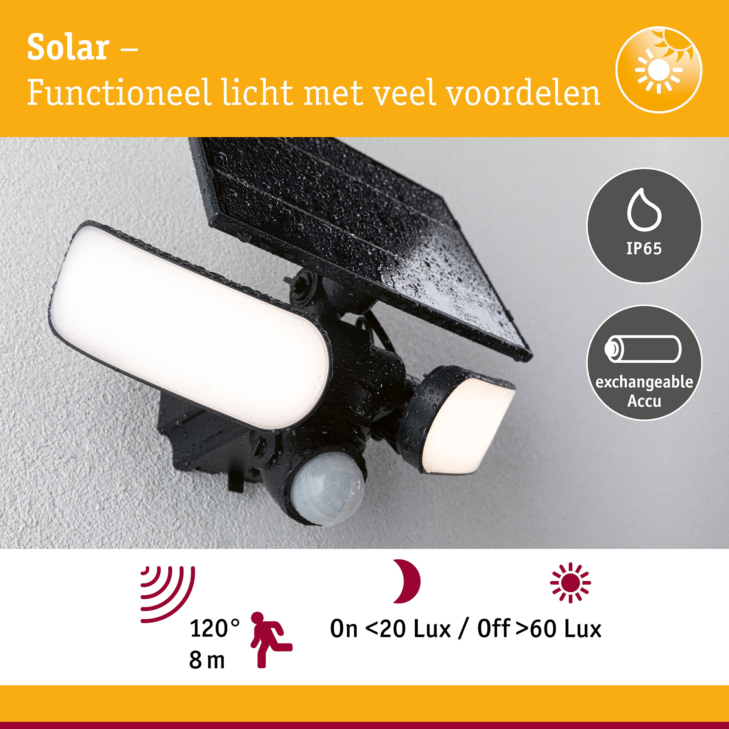 Zwarte solar buitenlamp met IP65, verwisselbare accu en bewegingssensor voor tuinverlichting