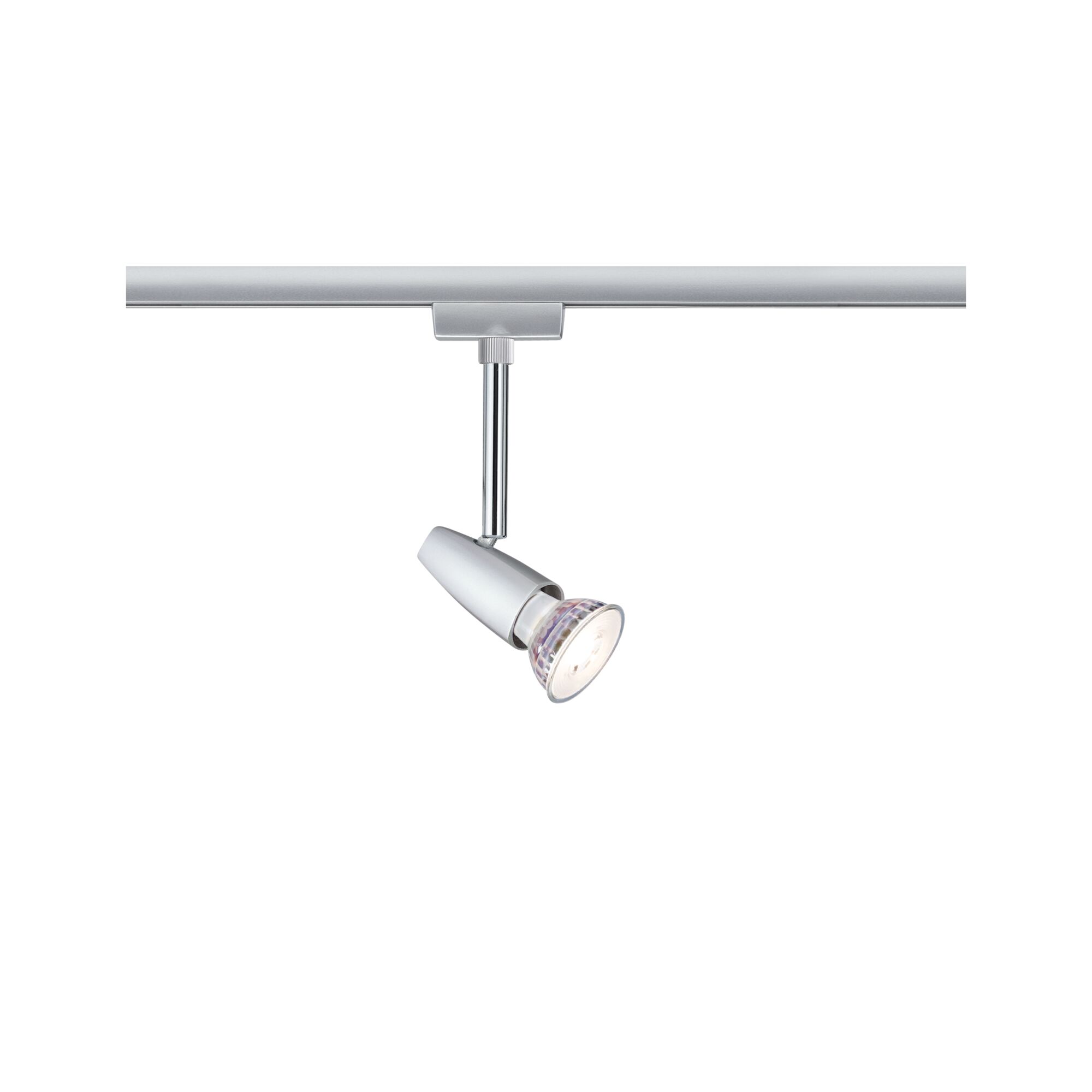 Moderner silberner LED-Strahler aus Metall an Schienensystem für flexible Raumbeleuchtung