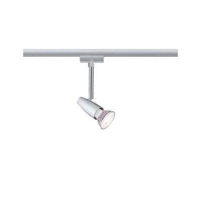 Moderne zilverkleurige metalen LED-spot op railsysteem voor flexibele kamerverlichting