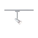 Moderner silberner LED-Strahler aus Metall an Schienensystem für flexible Raumbeleuchtung