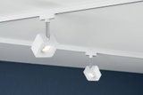 White plastic LED ceiling spotlight with chrome rod on track system for modern room lighting