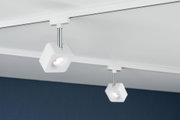 Weißer LED-Deckenspot aus Kunststoff mit verchromtem Stab an Schienensystem für moderne Raumbeleuchtung