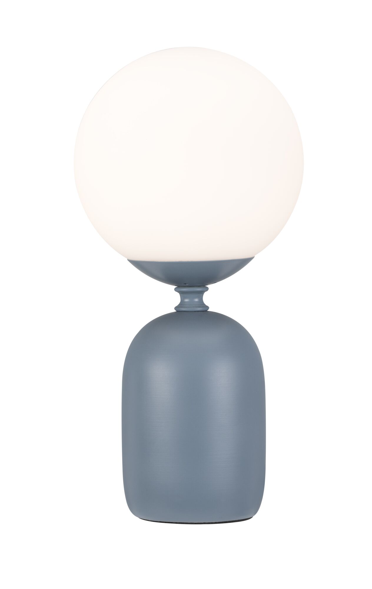 Moderne tafellamp met witte glazen bol en grijze metalen voet voor stijlvolle verlichting