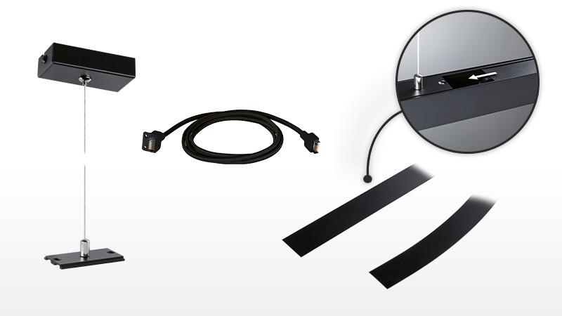 Schwarzes Beleuchtungszubehör mit Kabel, Halterung und Montageanleitung für LED-Lichtsysteme.