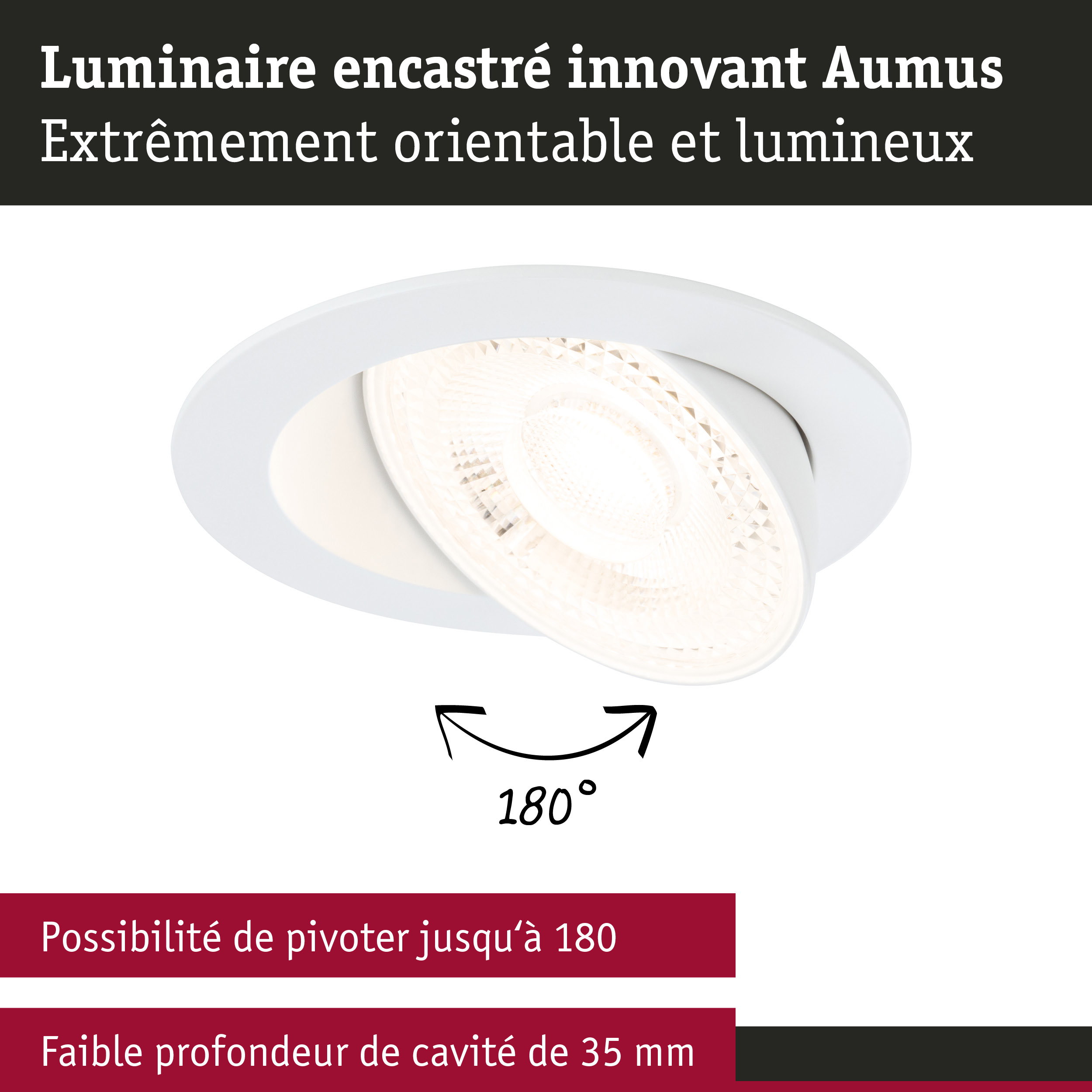 Luminaire encastré innovant Aumus blanc avec lumière LED orientable et faible profondeur d'installation