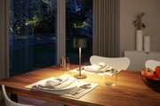 Modern black metal table lamp on wooden dining table with set plates and apples