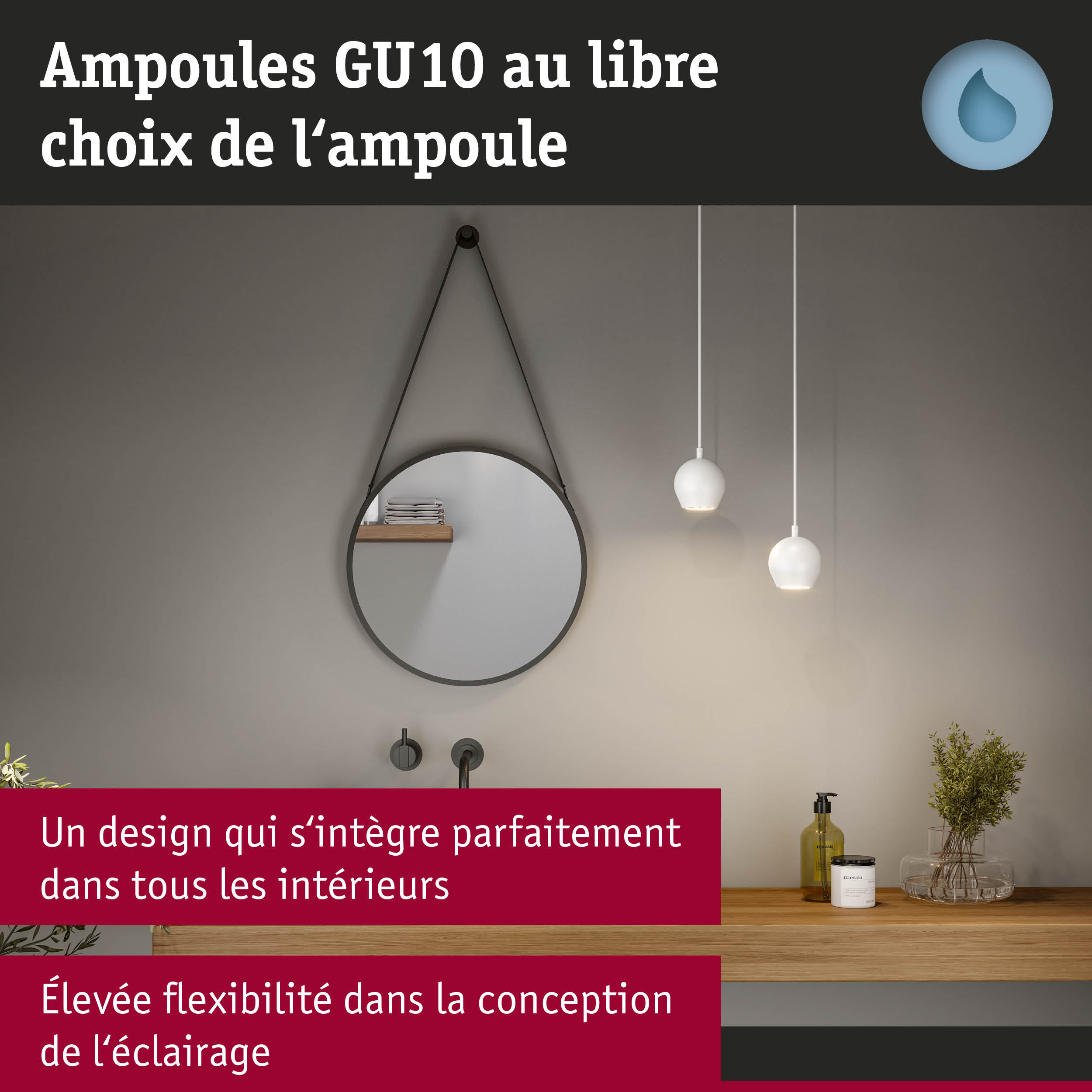 Salle de bain moderne avec miroir rond, suspensions blanches, étagère en bois avec plantes et produits de soin