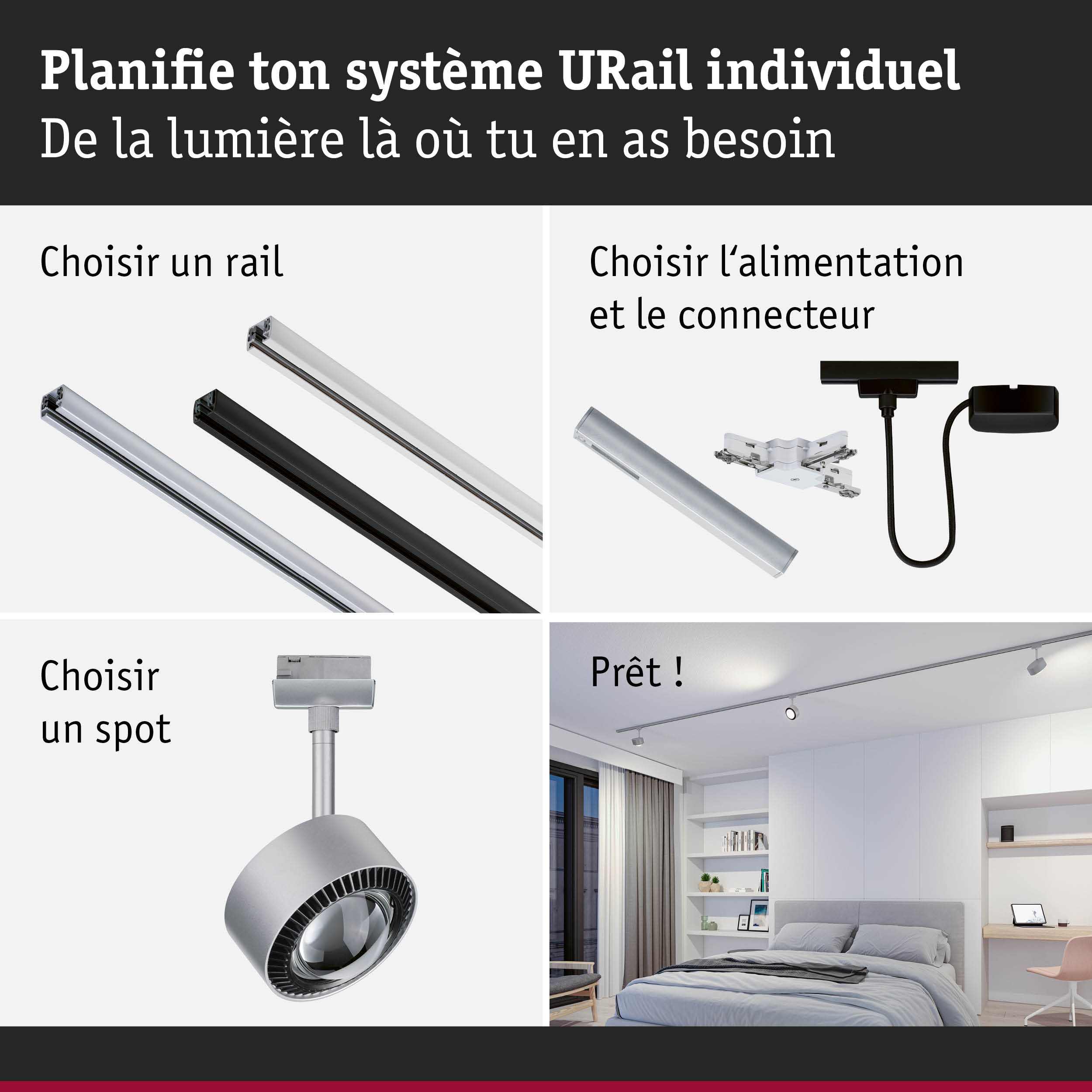 Système de rail modulaire URail en aluminium noir et blanc pour éclairage LED flexible