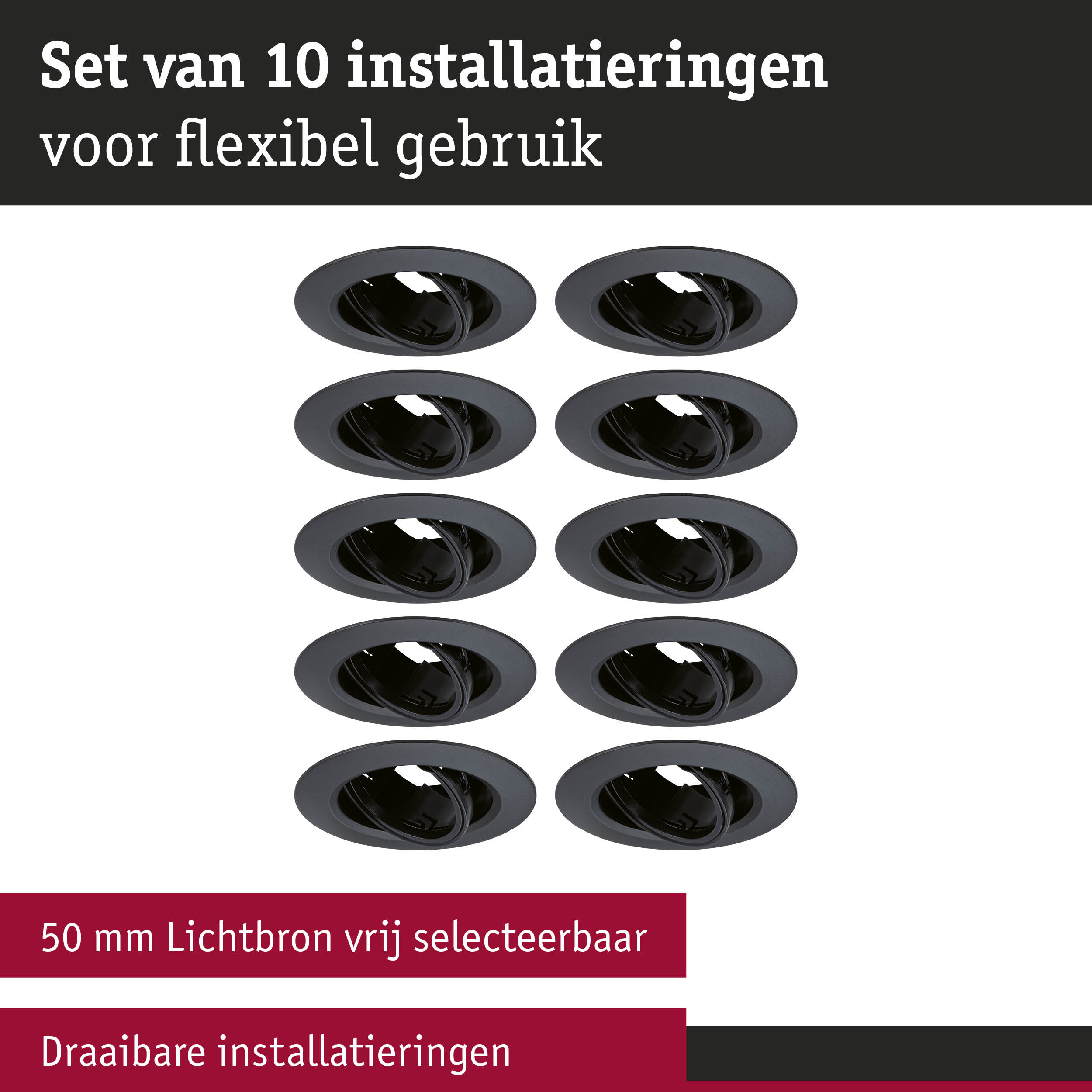Set van 10 zwarte metalen inbouwframes met draaibare fittingen voor flexibele LED-verlichting
