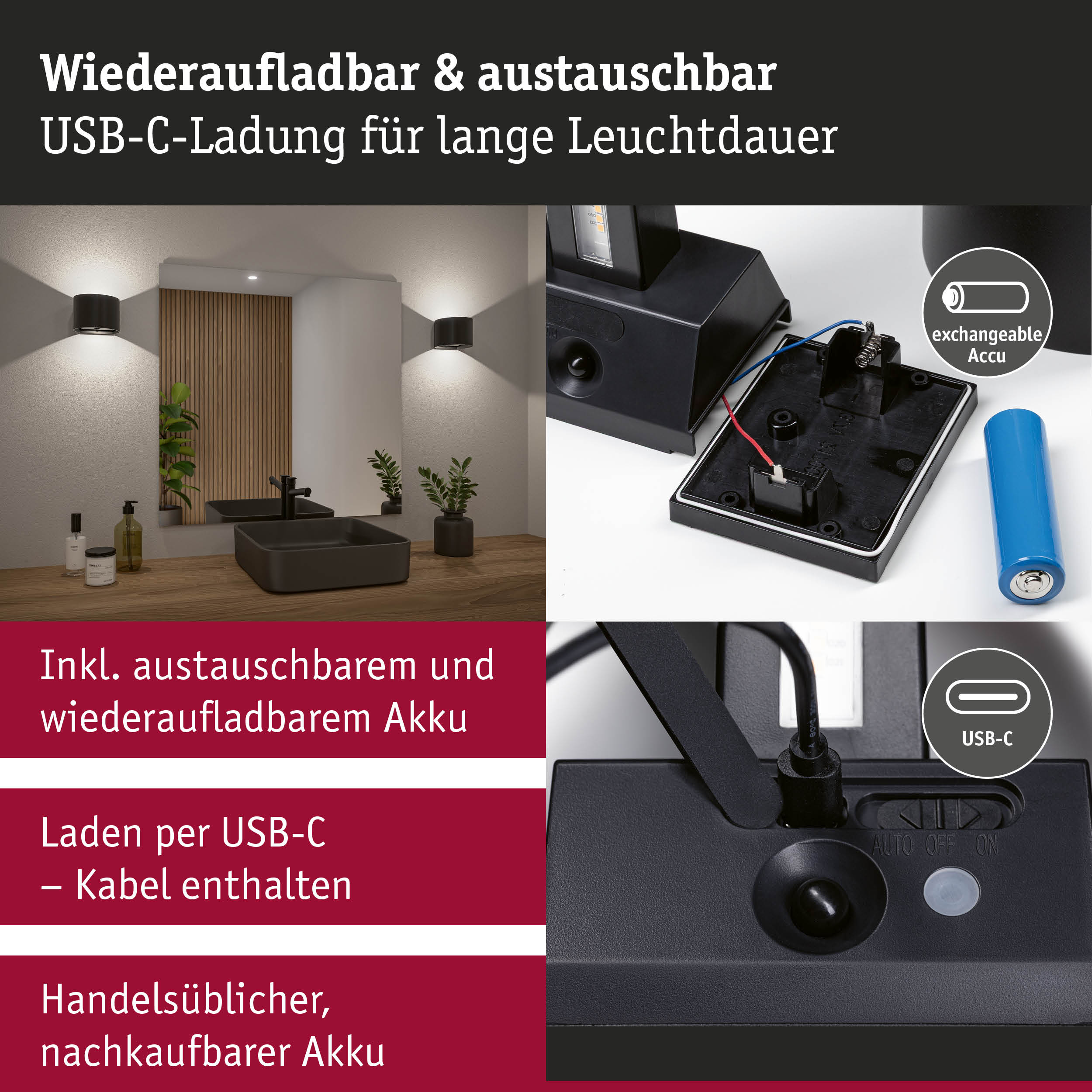 Schwarze Wandlampen mit austauschbarem, wiederaufladbarem Akku und USB-C-Ladung für langanhaltendes Licht