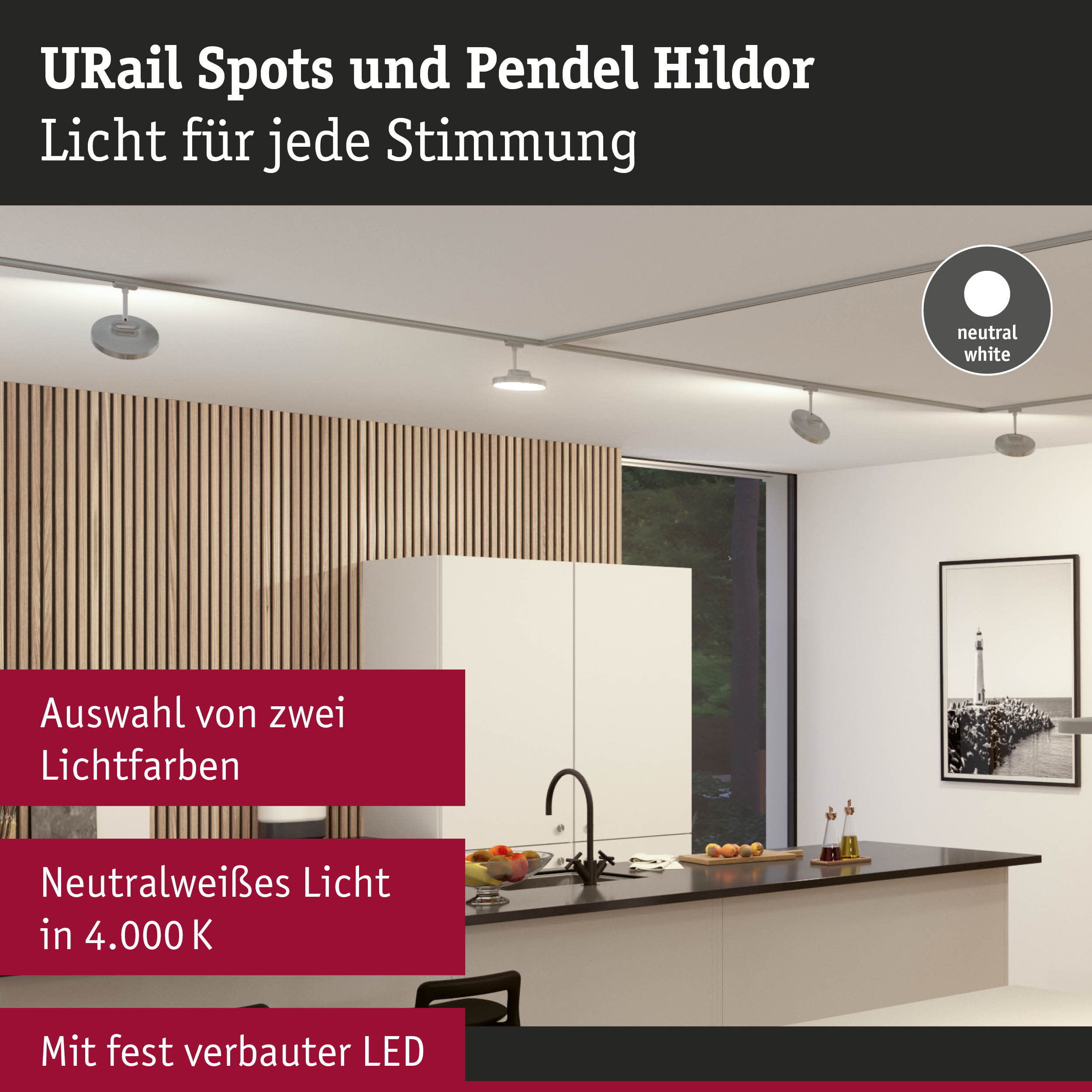 Moderne URail Spots und Pendel Hildor in neutralweißem Licht über Kücheninsel mit Holzpaneelen