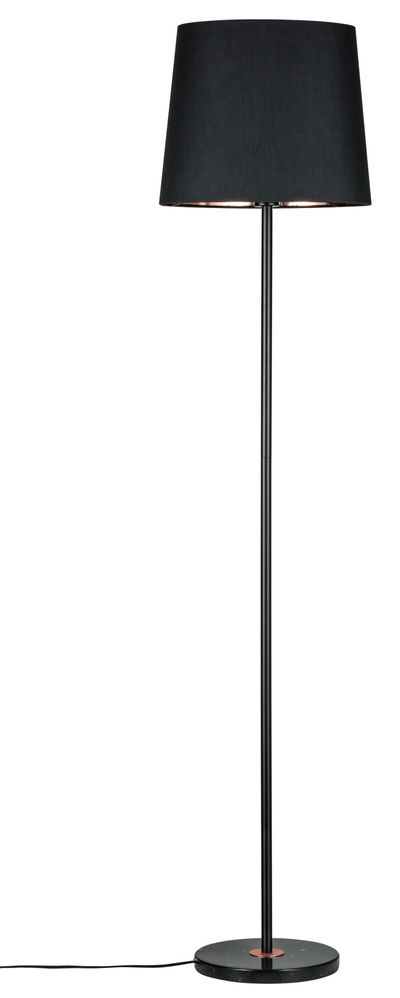 Zwarte stoffen vloerlamp met slanke metalen paal en ronde marmeren voet voor woonkamerverlichting
