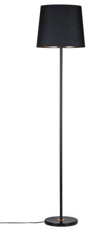 Floor lamp with black fabric shade and black metal stand on round marble base for living room