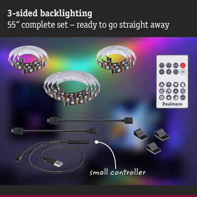 3-sided LED backlight kit with strips, USB cable and remote for 55 inch screens
