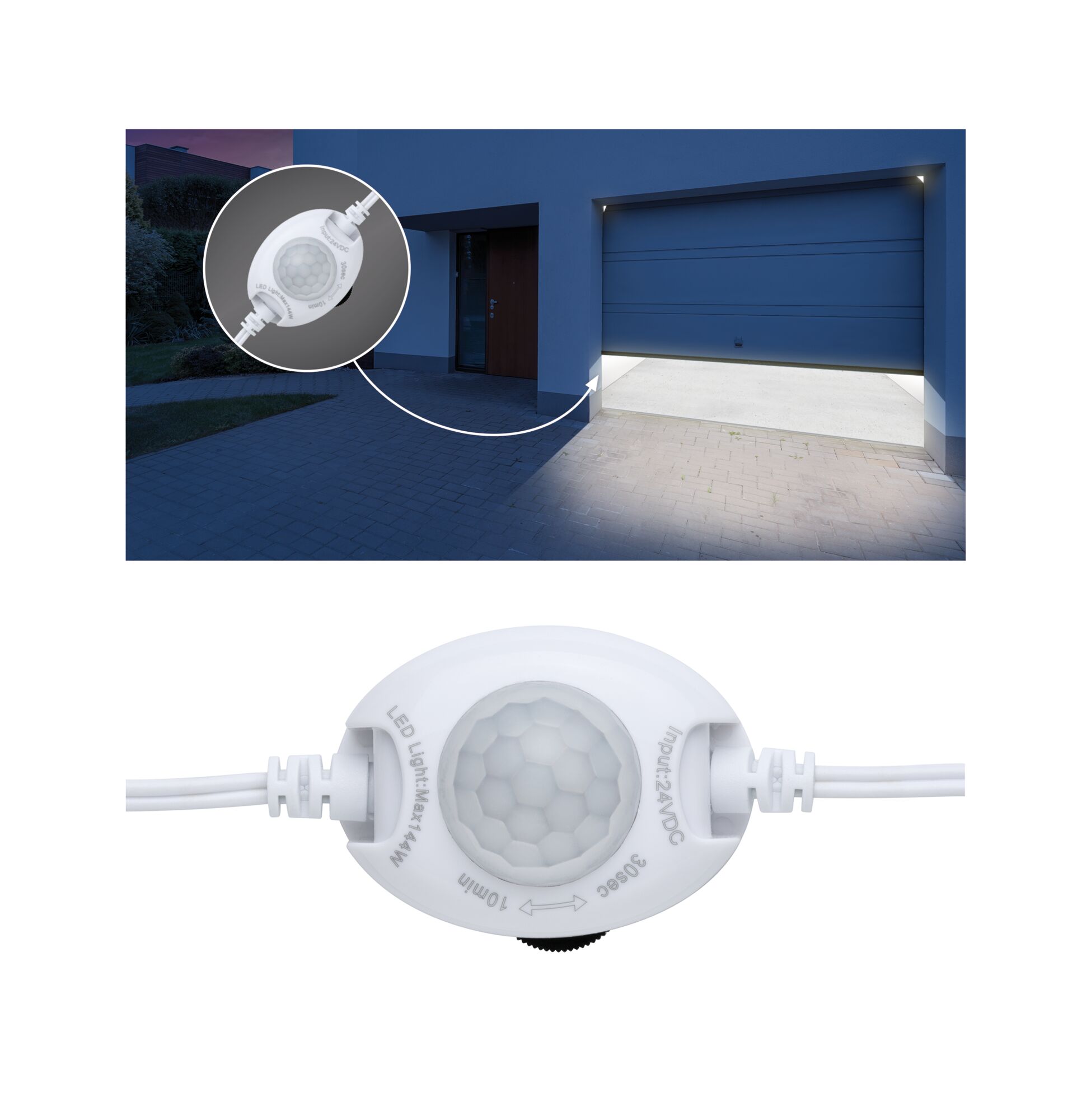 Détecteur de mouvement LED blanc en plastique pour éclairage extérieur avec entrée 24V.