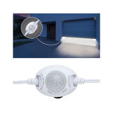 White plastic LED motion sensor for outdoor lighting with 24V input voltage.