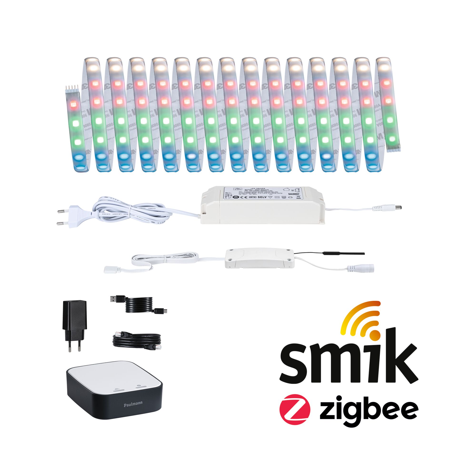 MaxLED 500 Kits de démarrage Smart Home smik Gateway + LED Strip RGBW Set de base Bande LED multicolore avec alimentation blanche et contrôleur domotique Zigbee de Paulmann
