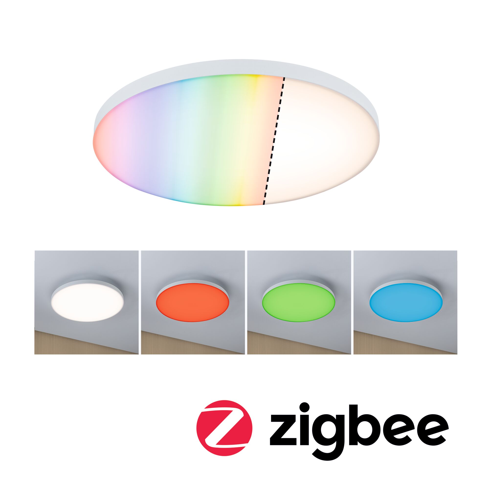 Round LED ceiling light with white frame displaying multiple colour modes and Zigbee compatibility