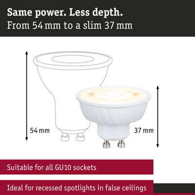 White GU10 LED spotlight with 37 mm depth, perfect for recessed spotlights in false ceilings